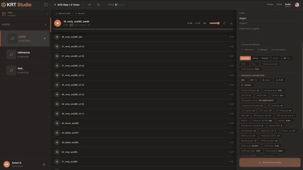 The Audio tab in KRT Studio: music generation on ACE-Step 1.5 Turbo, with a track list and an advanced parameter panel