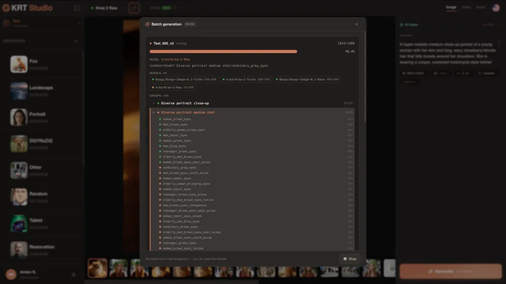The KRT Studio batch generation window with per-model and per-prompt progress