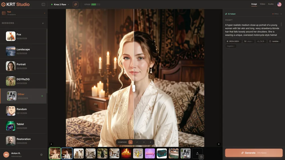 Comparison mode in KRT Studio: two results under an A/B slider, variant A on the left and variant B on the right