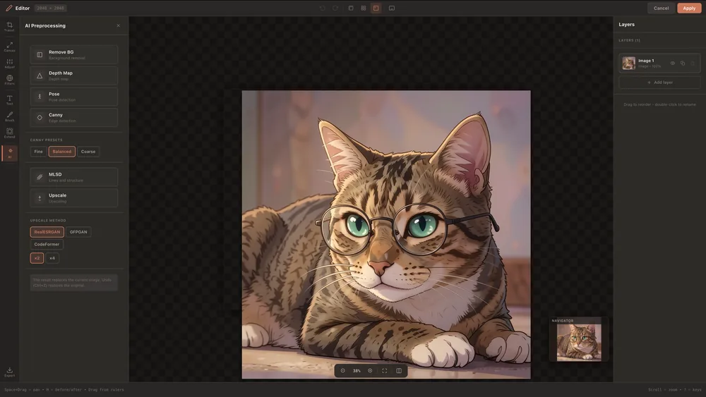 The KRT Studio editor with the AI preprocessing panel: background removal, depth map, pose, Canny, MLSD and upscaling
