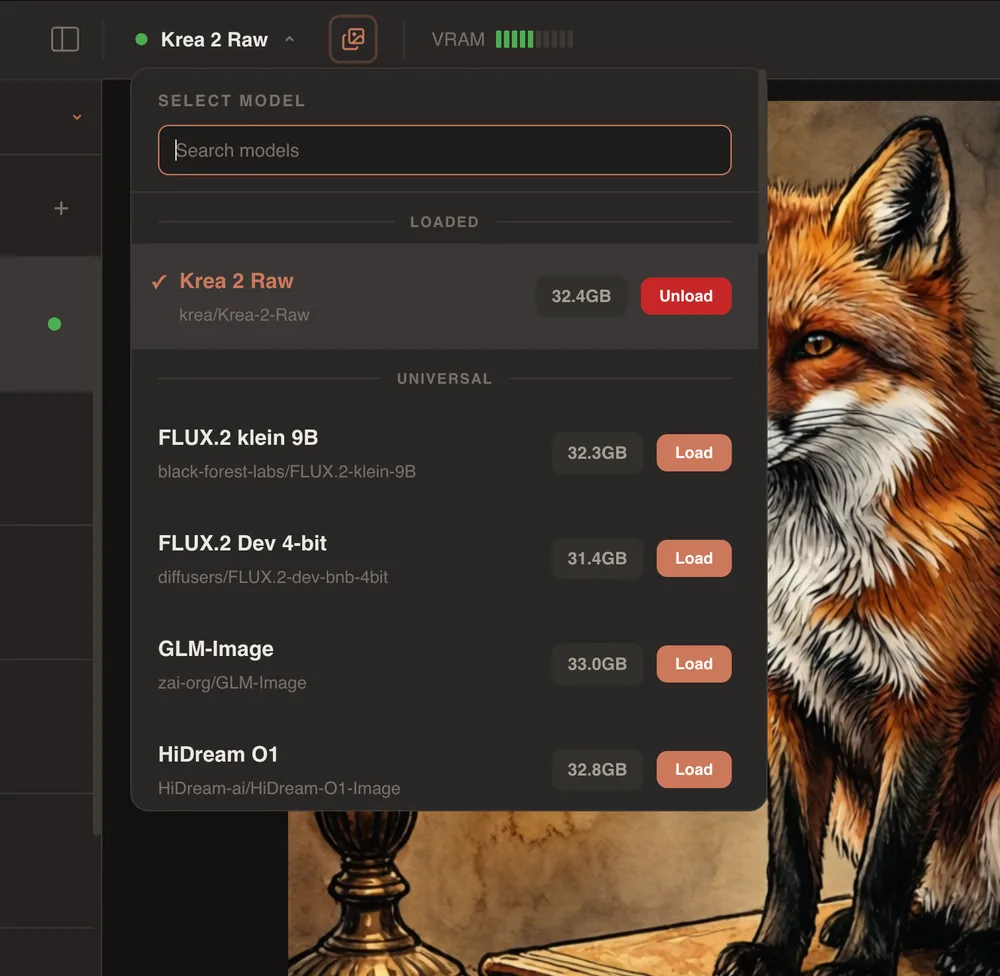 The KRT Studio model manager: the loaded model with an unload action and a list of available ones, each with its VRAM footprint