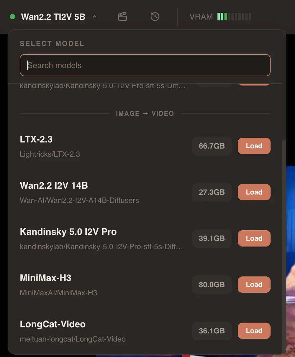 The video model registry in KRT Studio: LTX-2.3, Wan 2.2 I2V, Kandinsky 5.0 I2V Pro, MiniMax-H3 and LongCat-Video with each model's VRAM footprint