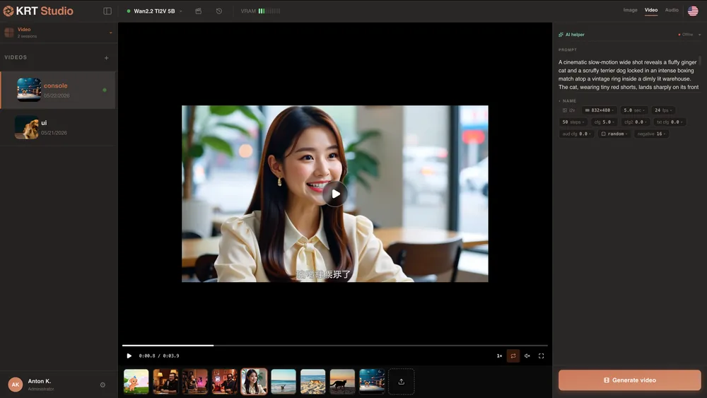 The Video tab in KRT Studio: image-to-video generation on Wan2.2 TI2V 5B, with a player showing the finished clip and its parameters